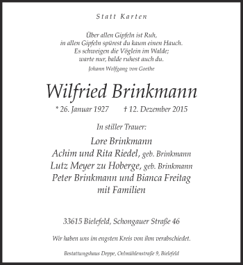 Traueranzeige von Wilfried Brinkmann von Neue Westfälische