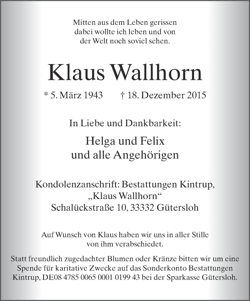  Traueranzeige für Klaus Wallhorn vom 23.12.2015 aus Neue Westfälische
