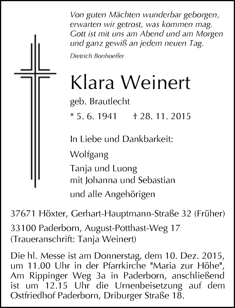  Traueranzeige für Klara Weinert vom 02.12.2015 aus Neue Westfälische