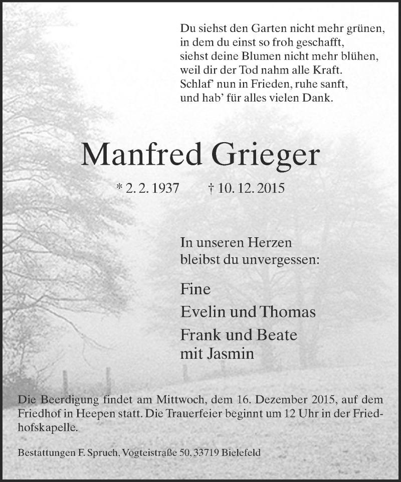  Traueranzeige für Manfred Grieger vom 12.12.2015 aus Neue Westfälische