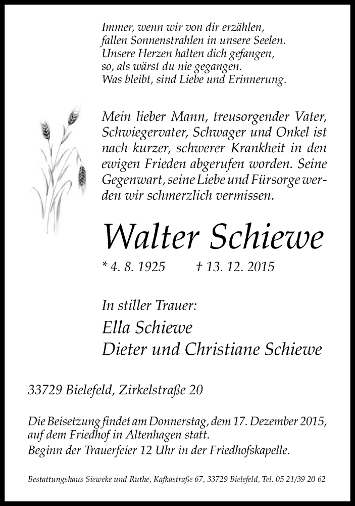  Traueranzeige für Walter Schiewe vom 15.12.2015 aus Neue Westfälische