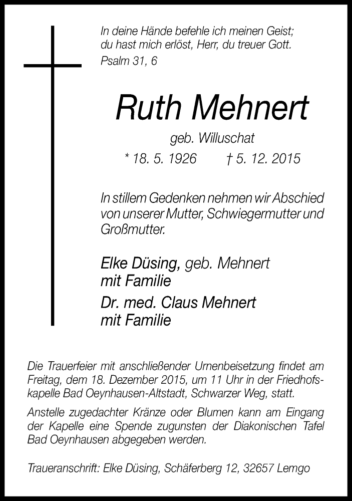  Traueranzeige für Ruth Mehnert vom 15.12.2015 aus Neue Westfälische