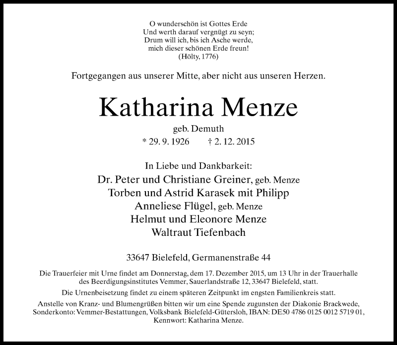  Traueranzeige für Katharina Menze vom 12.12.2015 aus Neue Westfälische