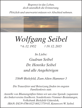 Traueranzeige von Wolfgang Seibel von Neue Westfälische
