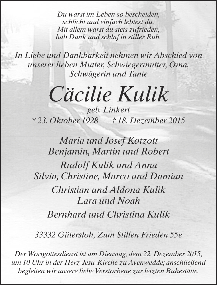  Traueranzeige für Cäcilie Kulik vom 19.12.2015 aus Neue Westfälische