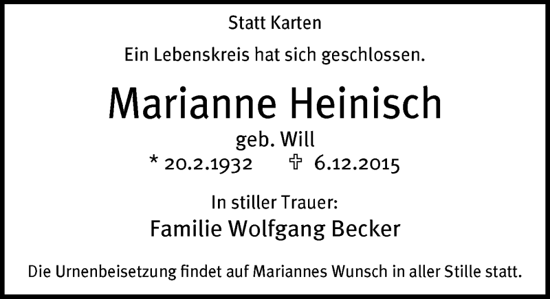  Traueranzeige für Marianne Heinisch vom 12.12.2015 aus Neue Westfälische