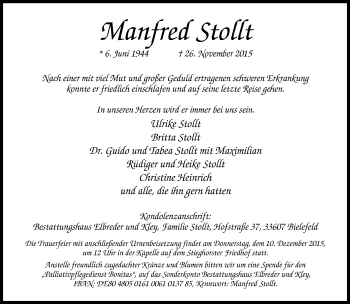 Traueranzeige von Manfred Stollt von Neue Westfälische