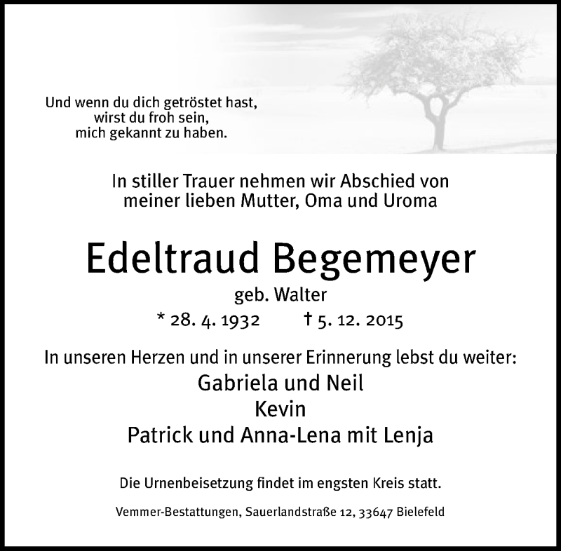  Traueranzeige für Edeltraud Begemeyer vom 07.12.2015 aus Neue Westfälische