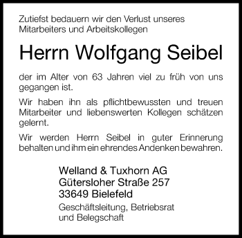 Traueranzeige von Wolfgang Seibel von Neue Westfälische
