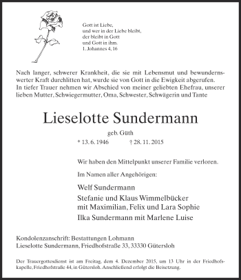 Traueranzeige von Lieselotte Sundermann von Neue Westfälische