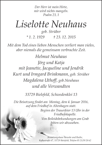 Traueranzeige von Liselotte Neuhaus von Neue Westfälische