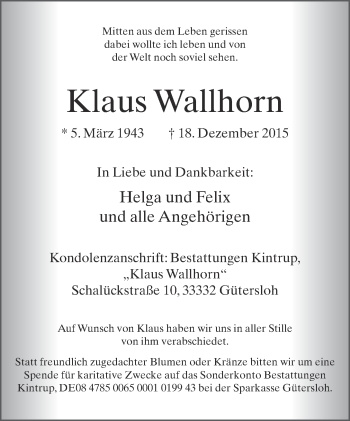 Traueranzeige von Klaus Wallhorn von Neue Westfälische