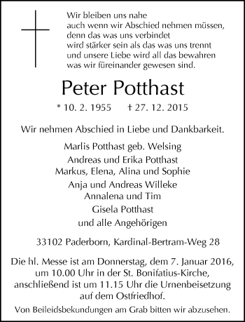 Traueranzeige von Peter Potthast von Neue Westfälische