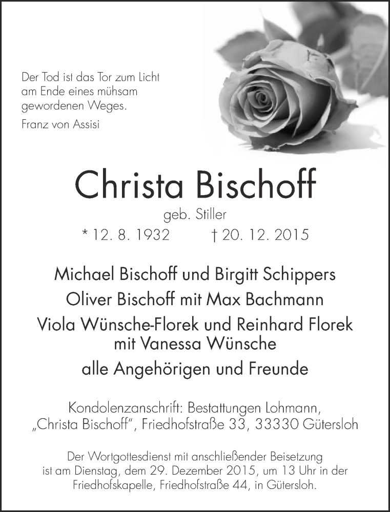  Traueranzeige für Christa Bischoff vom 22.12.2015 aus Neue Westfälische