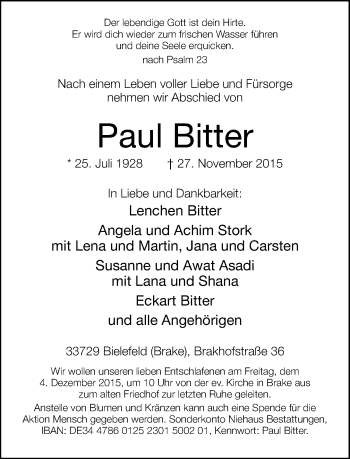 Traueranzeige von Paul Bitter von Neue Westfälische
