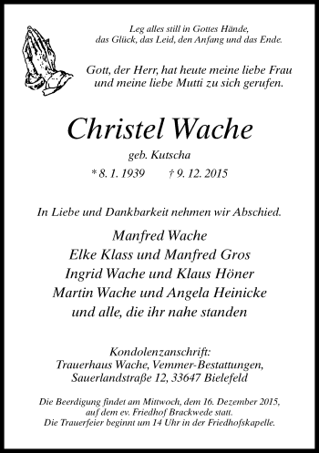 Traueranzeige von Christel Wache von Neue Westfälische