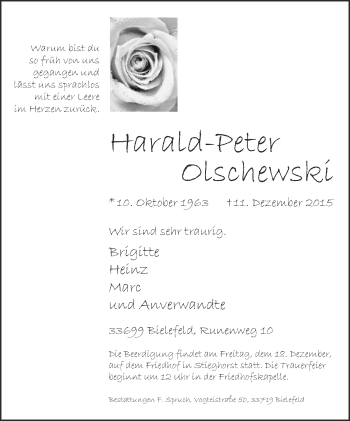 Traueranzeige von Harald-Peter Olschewski von Neue Westfälische