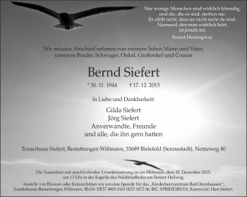Traueranzeige von Bernd Siefert von Neue Westfälische