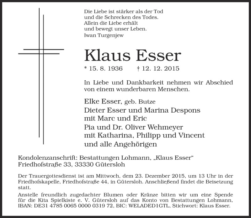  Traueranzeige für Klaus Esser vom 19.12.2015 aus Neue Westfälische