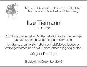 Traueranzeige von Ilse Tiemann von Neue Westfälische