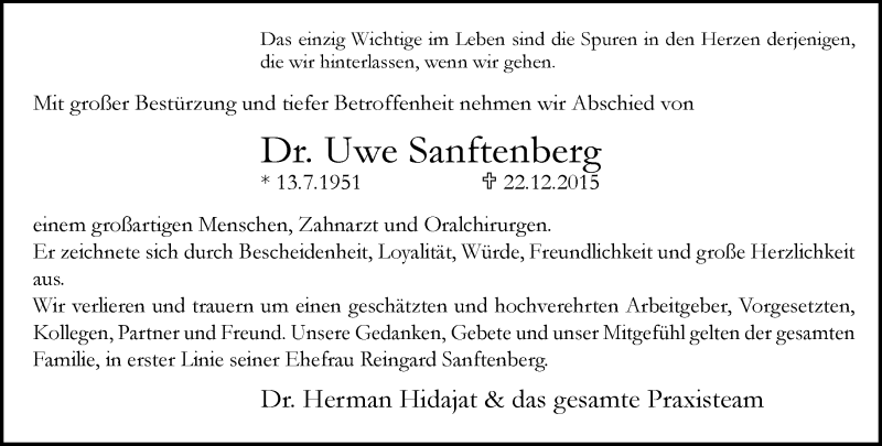  Traueranzeige für Uwe Sanftenberg vom 31.12.2015 aus Neue Westfälische