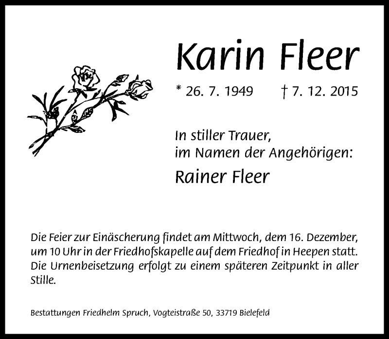  Traueranzeige für Karin Fleer vom 11.12.2015 aus Neue Westfälische