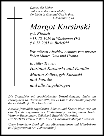 Traueranzeige von Margot Kursinski von Neue Westfälische