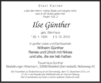 Traueranzeige von Ire Günther von Neue Westfälische