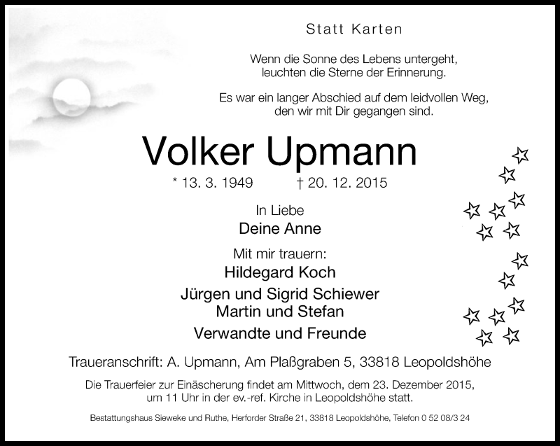  Traueranzeige für Volker Upmann vom 22.12.2015 aus Neue Westfälische