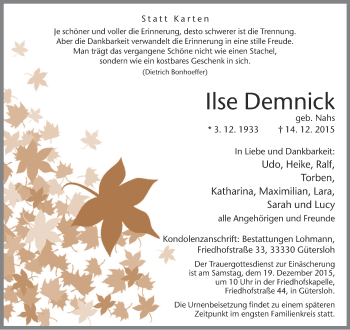 Traueranzeige von Ilse Demnick von Neue Westfälische
