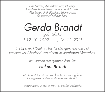Traueranzeige von Gerda Brandt von Neue Westfälische