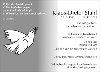 Traueranzeige von Klaus-Dieter Stahl von Neue Westfälische