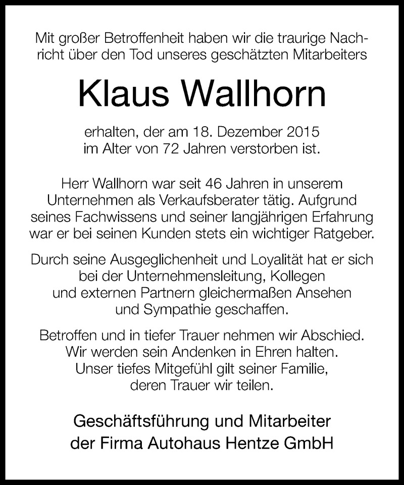  Traueranzeige für Klaus Wallhorn vom 23.12.2015 aus Neue Westfälische
