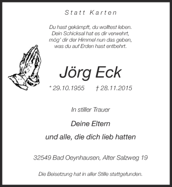 Traueranzeige von Jörg Eck von Neue Westfälische