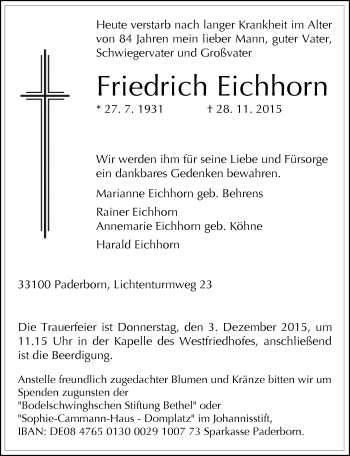 Traueranzeige von Friedrich Eichhorn von Neue Westfälische