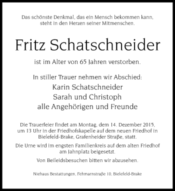 Traueranzeige von Fritz Schatschneider von Neue Westfälische
