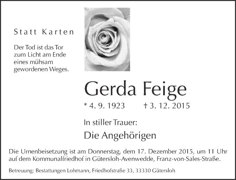  Traueranzeige für Gerda Feige vom 12.12.2015 aus Neue Westfälische