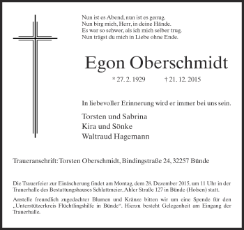 Traueranzeige von Egon Oberschmidt von Neue Westfälische