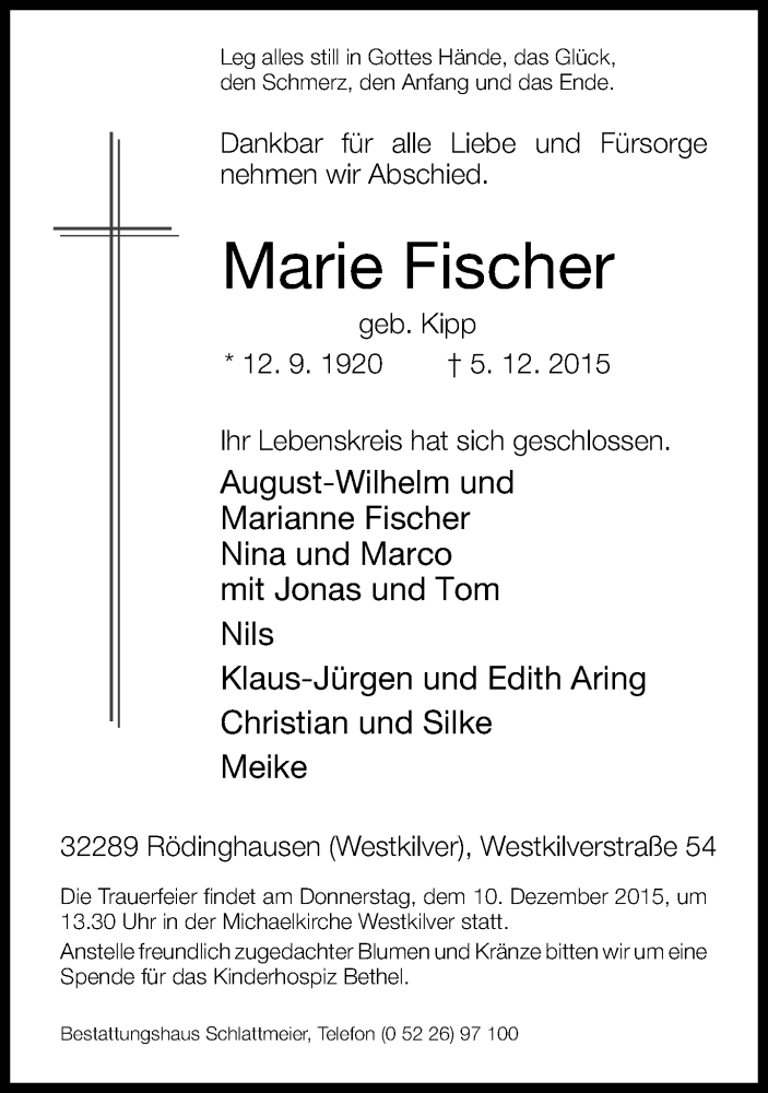  Traueranzeige für Marie Fischer vom 07.12.2015 aus Neue Westfälische