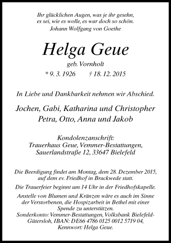 Traueranzeige von Helga Geue von Neue Westfälische