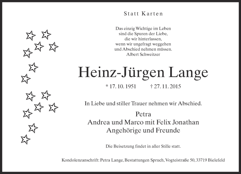  Traueranzeige für Heinz-Jürgen Lange vom 01.12.2015 aus Neue Westfälische