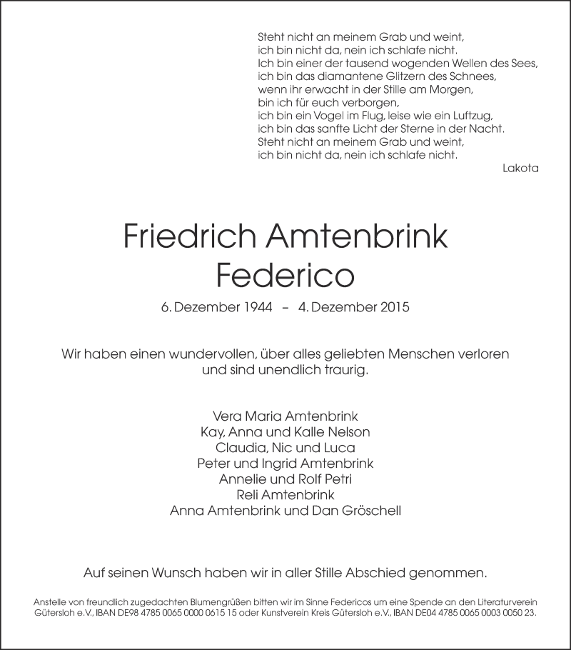  Traueranzeige für Friedrich Amtenbrink vom 12.12.2015 aus Neue Westfälische