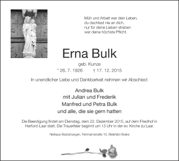 Traueranzeige von Erna Bulk von Neue Westfälische
