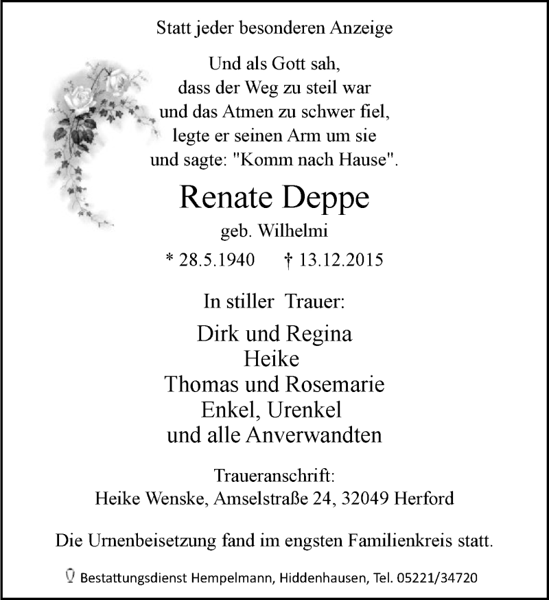  Traueranzeige für Renate Deppe vom 22.12.2015 aus Neue Westfälische