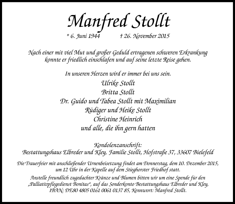  Traueranzeige für Manfred Stollt vom 02.12.2015 aus Neue Westfälische