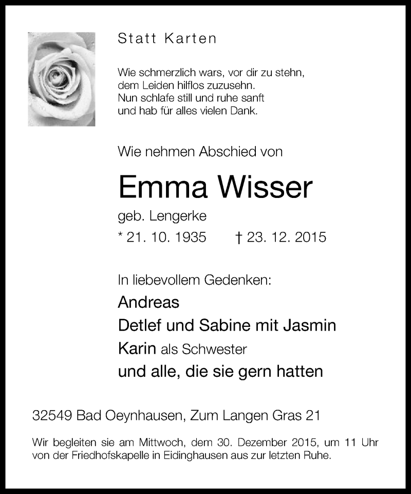  Traueranzeige für Emma Wisser vom 28.12.2015 aus Neue Westfälische
