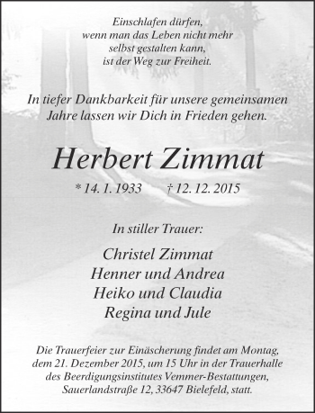 Traueranzeige von Herbert Zimmat von Neue Westfälische
