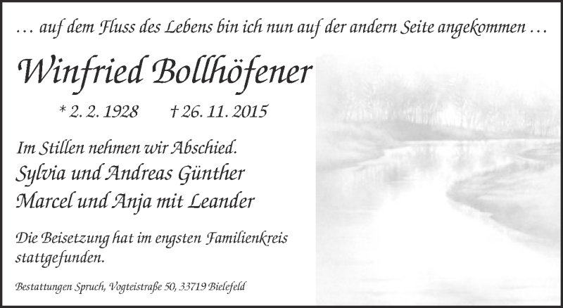  Traueranzeige für Winfried Bollhöfener vom 03.12.2015 aus Neue Westfälische
