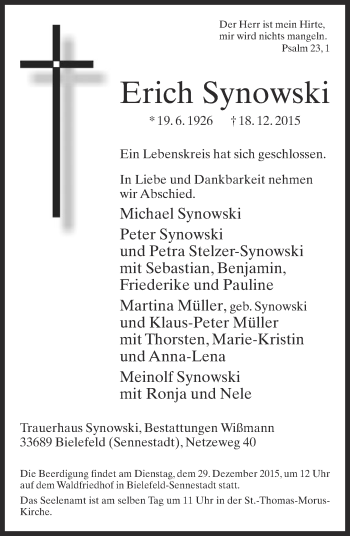 Traueranzeige von Erich Synowski von Neue Westfälische
