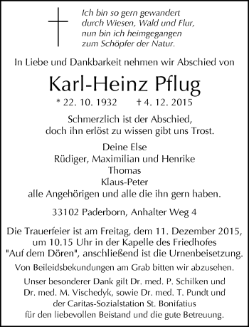 Traueranzeige von Karl-Heinz Pflug von Neue Westfälische